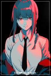 Rule 34 | 1girl, black background, black necktie, braid, breasts, chainsaw man, closed mouth, collared shirt, commentary request, copyright name, dress shirt, hair over shoulder, highres, jacket, jacket partially removed, long hair, looking at viewer, makima (chainsaw man), medium breasts, necktie, off shoulder, open clothes, open jacket, red eyes, ringed eyes, shaded face, shiika yuno, shirt, single braid, smile, solo, upper body, white shirt