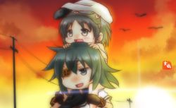 Rule 34 | 10s, 2girls, blush stickers, carrying, chibi, commentary request, diving mask, diving mask on head, eyepatch, gloves, goggles, goggles on head, green eyes, green hair, grey eyes, grey hair, hat, japanese flag, kantai collection, kiso (kancolle), maru-yu (kancolle), multiple girls, open mouth, outdoors, parted bangs, power lines, short hair, shoulder carry, sky, smile, sun, sunset, taisa (kari)