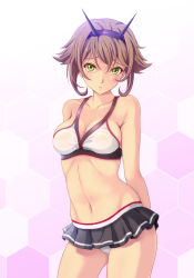 Rule 34 | 10s, 1girl, adapted costume, arms behind back, bikini, bikini skirt, blush, breasts, brown hair, cleavage, collarbone, cowboy shot, green eyes, headgear, hex grid, honeycomb background, honeycomb pattern, kantai collection, looking at viewer, mutsu (kancolle), navel, shian (my lonly life.), solo, stomach, swimsuit