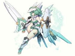 Rule 34 | 1girl, blue eyes, desktop army, doyouwantto, flying, from side, green hair, holding, holding shield, holding sword, holding weapon, leg up, mecha musume, medium hair, shield, solo, sword, sylphy (desktop army), twintails, weapon