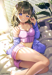 Rule 34 | 1girl, absurdres, arm support, bed, blunt bangs, breasts, brown hair, camisole, cleavage, commentary request, grin, hair ribbon, highres, looking at viewer, matsuzaki miyuki, morning, non-web source, on bed, original, pajamas, petals, pink camisole, pink shorts, plant, potted plant, purple eyes, purple pajamas, purple shirt, ribbon, rubbing eyes, shirt, shorts, sitting, small breasts, smile, solo, thighs, window blinds
