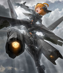 Rule 34 | 1girl, ace combat, ace combat x, ahoge, armor, bodysuit, boots, brown eyes, brown hair, commentary request, from behind, gloves, headgear, highres, looking at viewer, looking back, machinery, mecha musume, mechanical wings, open mouth, original, personification, short hair, smile, solo, striker unit, thighhighs, tom-neko (zamudo akiyuki), wings, xfa-24a apalis
