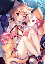 Rule 34 | 1girl, ahoge, animal ear fluff, animal ears, bare legs, bare shoulders, blonde hair, cat, cat ears, cat tail, commentary, crop top, facial mark, hair ornament, hairclip, highres, looking at viewer, manta ray, midriff, off-shoulder shirt, off shoulder, original, pillow, pink footwear, pink shirt, red eyes, shirt, shoes, short hair, short shorts, shorts, shyrei faolan, sneakers, solo, squchan, stuffed animal, stuffed cat, stuffed toy, tail, thighs, virtual youtuber, whisker markings