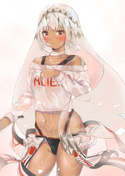 Rule 34 | 1girl, absurdres, altera (fate), bare shoulders, blunt bangs, blush, breasts, choker, closed mouth, collarbone, commentary, dark-skinned female, dark skin, fate/grand order, fate (series), fingernails, full-body tattoo, headdress, highres, hip focus, jewelry, long sleeves, looking at viewer, navel, panda 0078, red eyes, revealing clothes, showgirl skirt, skirt, small breasts, solo, standing, stomach, tan, tattoo, thighs, veil, white hair, white skirt