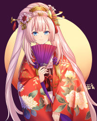 Rule 34 | 1girl, closed mouth, commentary request, fate/grand order, fate (series), fingernails, floral print, flower, folding fan, gogatsu fukuin, hair flower, hair ornament, hand fan, hand up, highres, holding, holding fan, japanese clothes, kimono, long hair, long sleeves, looking at viewer, marie antoinette (fate), marie antoinette (the princess&#039; pilgrimage) (fate), obi, official alternate costume, pink hair, print kimono, red flower, sash, signature, sleeves past wrists, smile, solo, twintails, upper body, very long hair, white kimono, wide sleeves