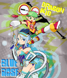 Rule 34 | 10s, 2girls, ass, bare shoulders, blue eyes, blue hair, blue rose (tiger &amp; bunny), breasts, character name, detached sleeves, dragon kid, earrings, elbow gloves, gloves, green eyes, green hair, gun, huang baoling, jewelry, karina lyle, lipstick, makeup, makino (c-electro), masano, multiple girls, open mouth, pepsi nex, polearm, product placement, short hair, shorts, thighhighs, tiger &amp; bunny, weapon
