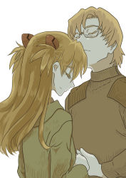 Rule 34 | 1boy, 1girl, age difference, aida kensuke, brown hair, closed eyes, couple, evangelion: 3.0+1.0 thrice upon a time, face-to-face, glasses, hair ornament, hairclip, highres, holding hands, hood, hooded jacket, jacket, long hair, long sleeves, neon genesis evangelion, rebuild of evangelion, souryuu asuka langley, standing, sweater, turtleneck