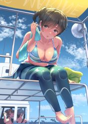 Rule 34 | 3girls, :d, :o, arm up, bare shoulders, barefoot, bikini, bikini top only, black bikini, black hair, blue bikini, blue sky, blue towel, blush, boat, bodysuit, boots, breasts, brown eyes, brown hair, cleavage, cloud, cloudy sky, collarbone, commentary request, day, diving suit, dolphin, dolphin print, english text, flippers, foot dangle, from below, grey eyes, hair between eyes, hand on floor, highres, holding, holding towel, large breasts, leaning forward, light brown hair, looking at viewer, low twintails, mole, mole on breast, multiple girls, nose blush, ocean, open mouth, open wetsuit, original, outdoors, parted lips, pink bikini, pink lips, ponytail, print towel, round teeth, rubber boots, satsuki neko, short hair, short twintails, sitting, skindentation, sky, smile, solo focus, strap gap, strapless, strapless bikini, striped bikini, striped bikini top, striped clothes, swimsuit, teeth, toes, tongue, towel, twintails, unworn footwear, water, watercraft, waving, waving arm, wet, wetsuit, window, yellow footwear