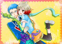 Rule 34 | 1boy, 1girl, aerialsoul, blue eyes, blue hair, blue shirt, border, brown eyes, coat, glasses, gloves, hubert ozwell, multicolored hair, pascal (tales), pink border, pointing, red hair, shirt, shoes, short hair, shorts, standing, standing on one leg, tales of (series), tales of graces, two-tone hair, white hair, yellow background