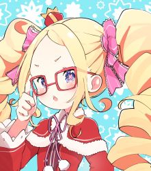 Rule 34 | 1girl, adjusting eyewear, beatrice (re:zero), blonde hair, blue eyes, bow, bug, butterfly, butterfly-shaped pupils, cloak, crown, crown hair ornament, curly hair, dress, fur collar, fur trim, glasses, hand on eyewear, hand on own face, highres, insect, lace trim, long hair, looking at viewer, mini crown, open mouth, pale skin, re:zero kara hajimeru isekai seikatsu, ribbon, ringlets, simple background, symbol-shaped pupils, twintails, zerobarto