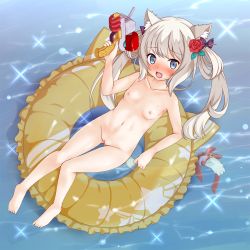 Rule 34 | 1girl, afloat, animal ears, azur lane, bell, black bow, blue eyes, blush, bow, breasts, cat ears, cat girl, cat tail, censored, collarbone, day, fang, flower, frilled innertube, frills, groin, hair bow, hair flower, hair ornament, hair rings, hammann (azur lane), highres, holding, innertube, jingle bell, kumaneko rococo, long hair, looking at viewer, mosaic censoring, nipples, nose blush, nude, open mouth, outdoors, red flower, red ribbon, red rose, ribbon, rose, silver hair, small breasts, solo, swim ring, tail, tail bell, tail ornament, tail ribbon, twintails, very long hair, water, water gun, yellow innertube