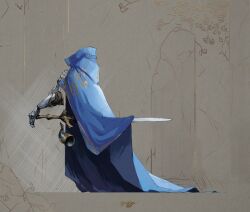Rule 34 | a knight (reverse:1999), blue cape, cape, commentary, english commentary, epebe, gauntlets, grey background, hood, hooded cape, leaf, no humans, reverse:1999, sword, weapon
