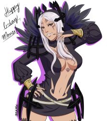 Rule 34 | 1girl, aversa (fire emblem), breasts, cleavage, dark skin, deetvar, english text, fire emblem, fire emblem awakening, highres, hood, large breasts, looking at viewer, navel, nintendo, red eyes, solo, tagme, tattoo, thick thighs, thighs, white hair