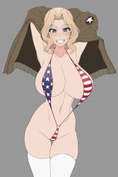 Rule 34 | 1girl, absurdres, american flag swimsuit, artist request, blonde hair, blue eyes, blush, breasts, girls und panzer, gluteal fold, grey background, grin, highres, huge breasts, kay (girls und panzer), looking at viewer, military, military uniform, navel, parted lips, saunders military uniform, simple background, slingshot swimsuit, smile, solo, standing, swimsuit, thighhighs, uniform, white thighhighs