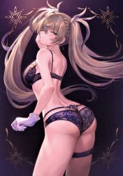 Rule 34 | 1girl, absurdres, arm up, ass, back, bare shoulders, blonde hair, blue bra, blue eyes, blue panties, blush, bra, bradamante (fate), braid, breasts, duplicate, fate/grand order, fate (series), french braid, gloves, gradient background, hair between eyes, highres, large breasts, lingerie, long hair, looking at viewer, mashuu (neko no oyashiro), panties, parted lips, scan, shoulder blades, sidelocks, solo, thigh strap, thighs, twintails, underwear, underwear only, very long hair