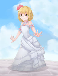 Rule 34 | 1girl, absurdres, alternate costume, arched back, arm garter, blonde hair, blue sky, choker, cloud, day, dress, gradient background, hair ribbon, heart, highres, looking at viewer, outstretched arms, pavement, red eyes, ribbon, rumia, short hair, shou (ahiru shinobu), sky, smile, solo, spread arms, strapless, strapless dress, touhou, white dress