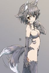 Rule 34 | 1girl, afterimage, animal ear fluff, animal ears, animal hands, artist name, black hair, braid, breasts, brown eyes, commentary, cowboy shot, elbow gloves, erakin, fingernails, from side, girls und panzer, gloves, grey background, grey gloves, grey thighhighs, grin, highres, kemonomimi mode, looking at viewer, medium breasts, motion lines, nude, paw gloves, pepperoni (girls und panzer), sharp fingernails, short hair, side braid, signature, simple background, smile, solo, standing, tail, thighhighs, wolf ears, wolf tail