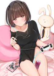 Rule 34 | 1girl, :i, absurdres, black shirt, blunt bangs, blush, bra strap, breasts, collarbone, controller, cup, cushion, disposable cup, drinking straw, earphones, energy drink, game controller, highres, holding, holding controller, large breasts, looking at viewer, nail polish, no pants, off shoulder, original, panties, red eyes, red nails, shirt, short hair, sitting, solo, striped clothes, striped panties, stuffed animal, stuffed toy, tablet pc, two side up, uiri-na, underwear