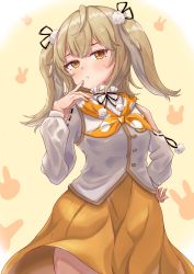 Rule 34 | 1girl, nanashi inc., absurdres, animal ears, animare, blush, breasts, brown hair, commentary, hair ornament, hand in mouth, highres, inaba haneru (animare), looking at viewer, medium breasts, medium hair, rabbit ears, simple background, solo, virtual youtuber, yellow background, yellow eyes