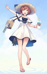 Rule 34 | 1girl, adapted turret, bag, blue sky, brown eyes, brown hair, cannon, cloud, commentary request, dress, drink, hat, highres, kantai collection, kasumi (skchkko), looking at viewer, off-shoulder dress, off shoulder, official alternate costume, open mouth, round teeth, sandals, short hair, sky, smile, solo, speaking tube headset, straw hat, sun hat, sundress, teeth, torpedo, turret, two-sided fabric, two-sided skirt, upper teeth only, waving, white dress, yukikaze (kancolle)
