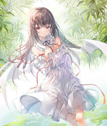 Rule 34 | 1girl, bat wings, black hair, blush, commentary request, detached collar, dress, grin, highres, leaf, long hair, looking at viewer, miwabe sakura, off-shoulder dress, off shoulder, original, outdoors, red eyes, red ribbon, ribbon, smile, solo, standing, white dress, white wings, wings