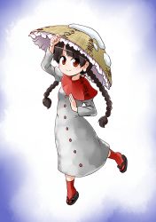 Rule 34 | 1girl, ajirogasa, black hair, braid, buttons, capelet, closed mouth, commentary request, dress, earlobes, eyes visible through hair, flip-flops, frills, full body, grey dress, hand on headwear, hat, kousei (public planet), long earlobes, looking at viewer, red capelet, red eyes, red legwear, sandals, smile, snow, solo, touhou, twin braids, yatadera narumi