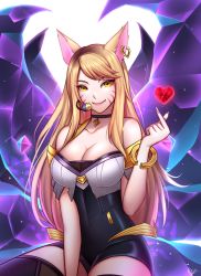 Rule 34 | 1girl, ahri (league of legends), animal ears, bare shoulders, blonde hair, breasts, cleavage, commentary, english commentary, facial mark, fangs, fingernails, fox ears, fox tail, heart, highres, k/da (league of legends), k/da ahri, kyuubi, large breasts, league of legends, long hair, looking at viewer, multiple tails, nail polish, pink nails, reizdrawing, sharp fingernails, signature, smile, solo, tail, whisker markings, yellow eyes