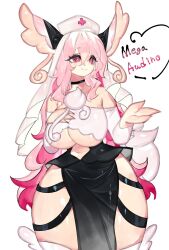 Rule 34 | audino, breasts, choker, clothing cutout, creatures (company), game freak, gen 5 pokemon, hat, heart, heart-shaped pupils, highres, huge breasts, large ears, long hair, mega audino, mega pokemon, multicolored hair, navel, navel cutout, nintendo, nurse cap, off shoulder, pink eyes, pink hair, pokemon, pokemon (creature), smile, symbol-shaped pupils, thick thighs, thighs, togetoge, two-tone hair, underboob, variant set, veil, wide hips