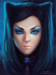 Rule 34 | 00s, 1girl, artist name, ayya sap, black hair, blue eyes, closed mouth, dark background, ergo proxy, eyebrows, eyeshadow, gradient background, highres, lips, long hair, looking at viewer, makeup, portrait, re-l mayer, realistic, solo, text focus