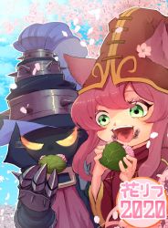 Rule 34 | animal ears, blue sky, blush, cherry blossoms, cloud, dated, eating, fingernails, flower, gauntlets, glowing, glowing eyes, green eyes, hat, highres, holding, large hat, leaf, league of legends, long hair, lulu (league of legends), nnntarpe, open mouth, outdoors, petals, pink flower, sky, smile, spikes, teeth, tongue, turtleneck, upper body, upper teeth only, veigar, yellow eyes