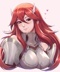 Rule 34 | 1girl, absurdres, armor, blush, breastplate, closed mouth, commission, cordelia (fire emblem), cropped torso, evomanaphy, fire emblem, fire emblem awakening, hair between eyes, hair ornament, heart, highres, lips, long hair, looking at viewer, nintendo, pink lips, red eyes, red hair, simple background, smile, solo, twitter username, very long hair, wing hair ornament