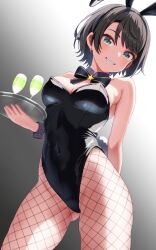 Rule 34 | 1girl, alternate costume, animal ears, arm behind back, bare shoulders, black bow, black bowtie, black hair, black leotard, bow, bowtie, breasts, cleavage, commentary request, covered navel, cowboy shot, cup, curio (curiofinity), detached collar, drinking glass, earrings, fake animal ears, fake tail, fishnet pantyhose, fishnets, gluteal fold, gradient background, green eyes, grin, highleg, highleg leotard, highres, holding, holding tray, hololive, jewelry, leotard, looking at viewer, medium breasts, oozora subaru, pantyhose, playboy bunny, rabbit ears, rabbit tail, short hair, smile, solo, standing, strapless, strapless leotard, swept bangs, tail, tray, virtual youtuber, wrist cuffs