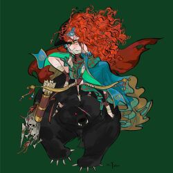 Rule 34 | 1girl, arrow (projectile), bear, blue eyes, bow (weapon), braid, brave (pixar), curly hair, dress, elinor (brave), facepaint, green background, holding, holding arrow, holding bow (weapon), holding weapon, kiddo hah, long hair, merida (brave), red eyes, red hair, riding, riding animal, scar, scar on face, very long hair, weapon