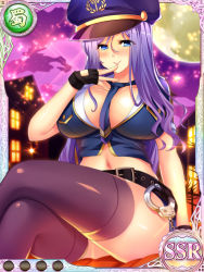 Rule 34 | 1girl, adapted uniform, belt, between breasts, black gloves, black thighhighs, blue eyes, blue jacket, blue necktie, blue skirt, breasts, cleavage, cropped jacket, crossed legs, cuffs, fingerless gloves, full moon, gloves, hand to own mouth, handcuffs, hat, jacket, koihime musou, kouchuu, large breasts, legs, long hair, mature female, midriff, miniskirt, moon, naughty face, navel, necktie, night, night sky, non-web source, official art, open clothes, open jacket, outdoors, peaked cap, police, police uniform, policewoman, purple hair, sitting, skirt, sky, smile, solo, star (sky), thighhighs, thighs, uniform, yatsuha kanan