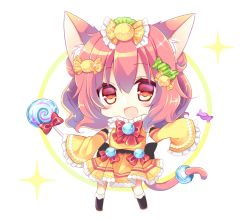 Rule 34 | 1girl, :d, animal ear fluff, animal ears, black footwear, blush, boots, bow, brown hair, candy, candy hair ornament, candy wrapper, cat ears, cat girl, cat tail, chibi, commentary request, dress, fang, food, food-themed hair ornament, frilled dress, frilled sleeves, frills, full body, hair between eyes, hair ornament, holding, holding candy, holding food, holding lollipop, knee boots, lollipop, long hair, long sleeves, looking at viewer, open mouth, original, red bow, red eyes, shikito (yawa0w0), sleeves past fingers, sleeves past wrists, smile, solo, standing, swirl lollipop, tail, tail ornament, white background, wide sleeves, yellow dress