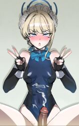 Rule 34 | 1boy, 1girl, bare shoulders, black gloves, black leotard, blonde hair, blue archive, blue eyes, blue leotard, blush, bow (bhp), breasts, censored, clothing aside, covered navel, cum, cum on body, cum on clothes, double v, elbow gloves, erection, fingerless gloves, gloves, halo, halter leotard, halterneck, hetero, highleg, highleg leotard, leotard, leotard aside, maid headdress, medium breasts, mosaic censoring, open mouth, penis, rolling eyes, simple background, solo focus, toki (blue archive), two-tone leotard, v