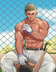 Rule 34 | 1boy, abs, bara, baseball bat, baseball cap, baseball uniform, drinking, fence, gloves, hat, highres, large pectorals, light frown, looking at viewer, male focus, muscular, muscular male, navel, original, pectorals, short hair, sideburns, solo, sportswear, spread legs, stomach, thick eyebrows, topless male, v-shaped eyebrows, youchi123