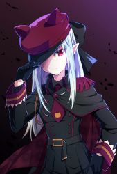 Rule 34 | 1girl, alternate costume, animal print, azami masurao, black gloves, cat print, closed mouth, cowboy shot, dark background, gloves, hand on headwear, hat, highres, len (tsukihime), long hair, long sleeves, looking at viewer, military, military uniform, necktie, peaked cap, pointy ears, red eyes, red footwear, red necktie, solo, standing, tsukihime, uniform