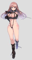 Rule 34 | 1girl, areola slip, bad id, bad pixiv id, black footwear, black gloves, black one-piece swimsuit, blue eyes, blush, bondage outfit, boots, braid, breast suppress, breasts, brown hair, byakuya mika, chain, cuffs, elbow gloves, floating hair, full body, gloves, grey background, hand up, highres, holding, holding sheath, holding sword, holding weapon, knee boots, large breasts, long hair, looking at viewer, navel, one-piece swimsuit, original, shackles, sheath, shiroie mika, side braid, simple background, slingshot swimsuit, solo, standing, swimsuit, sword, tachi-e, thighs, tsurime, unsheathed, weapon
