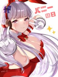 Rule 34 | 1girl, animal ears, blush, bow, bowtie, breasts, clothing cutout, detached collar, double v, ear covers, gloves, gold ship (umamusume), grey hair, highres, horse ears, horse girl, horse tail, large breasts, leotard, long hair, looking at viewer, mare ma, nontraditional playboy bunny, pink eyes, red bow, red bowtie, simple background, smile, solo, sparkle, strapless, strapless leotard, tail, tail through clothes, twitter username, umamusume, upper body, v, very long hair, white background, white gloves