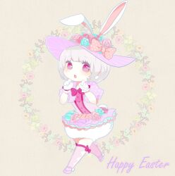 1girl animal_ears bow dancer disney easter easter_wonderland end_bunny_(disney) flower frills gloves hair_flower hair_ornament hat high_heels kogatarou pantyhose rabbit_ears short_hair smile solo thighhighs top_hat white_hair