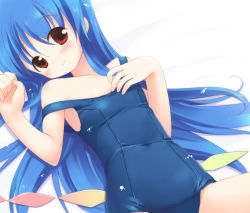 Rule 34 | 1girl, blue hair, child, emurin, female focus, hinanawi tenshi, long hair, one-piece swimsuit, red eyes, school swimsuit, solo, strap slip, swimsuit, team shanghai alice, touhou