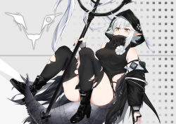 Rule 34 | 1girl, absurdres, ahoge, arknights, as yinshimao, bare shoulders, black footwear, boots, breasts, commentary request, crocodilian tail, flower, grey background, high heel boots, high heels, highres, holding, holding staff, hood, knees up, large breasts, large tail, long sleeves, looking at viewer, pointy ears, sargon logo, short hair, sidelocks, silver hair, solo, staff, tail, thighhighs, thighs, tomimi (arknights), white flower, yellow eyes