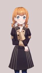 Rule 34 | 1girl, annette fantine dominic, arched bangs, blue eyes, blush, commentary, dot nose, english commentary, fire emblem, fire emblem: three houses, garreg mach monastery uniform, grey background, hair rings, highres, lilshironeko, nintendo, orange hair, pantyhose, short hair, simple background, smile, solo, teeth