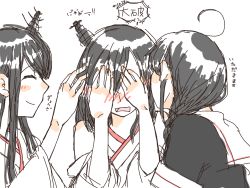 Rule 34 | 10s, 3girls, black hair, blush, covering face, embarrassed, closed eyes, female focus, fusou (kancolle), hagi (4965262), hands on own face, kantai collection, limited palette, multiple girls, open mouth, partially colored, shigure (kancolle), short hair, smile, translation request, white background, yamashiro (kancolle), yuri