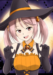 Rule 34 | 10s, 1girl, :d, alternate costume, black gloves, blurry, collarbone, depth of field, elbow gloves, full moon, fuuma nagi, gloves, hair bobbles, hair ornament, halloween, hat, kantai collection, long hair, looking at viewer, moon, open mouth, pink eyes, pink hair, revision, sazanami (kancolle), smile, solo, twintails, witch hat