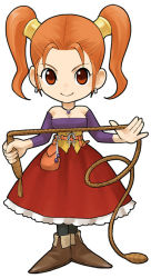Rule 34 | 1girl, breasts, cleavage, corset, dragon quest, dragon quest viii, dress, earrings, holding, holding weapon, itadaki street, jessica albert, jewelry, looking at viewer, medium breasts, official art, purple shirt, red dress, red eyes, red hair, shirt, short twintails, simple background, smile, solo, square enix, standing, strapless, strapless dress, twintails, weapon, whip, white background