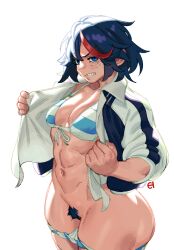 Rule 34 | 1girl, abs, angry, bikini, bikini pull, black hair, blue eyes, breasts, cleavage, clenched teeth, clothes pull, eigaka, female focus, female pubic hair, front-tie bikini top, front-tie top, jacket, kill la kill, looking at viewer, matoi ryuuko, messy hair, multicolored hair, navel, open clothes, open jacket, pubic hair, pulled by self, pussy, short hair, simple background, small breasts, solo, standing, streaked hair, striped bikini, striped clothes, swimsuit, teeth, toned female, toned stomach, undressing, watermark, white background, white hair, wide hips