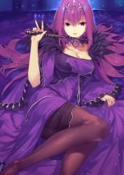 Rule 34 | 1girl, breasts, cleavage, collarbone, dress, fate/grand order, fate (series), fur trim, hair between eyes, highres, jewelry, large breasts, legs, long hair, looking at viewer, lying, ohland, on side, open mouth, pantyhose, purple dress, purple eyes, purple hair, scathach (fate), scathach skadi (fate), smile, solo, thighs, tiara, wand, wide sleeves