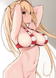 Rule 34 | 1girl, ahoge, armpits, arms behind head, arms up, bare shoulders, bikini, bikini top only, blonde hair, blush, breasts, cleavage, cocq taichou, collarbone, covered erect nipples, criss-cross halter, fate/grand order, fate (series), green eyes, groin, hair intakes, halterneck, large breasts, long hair, navel, nero claudius (fate), nero claudius (fate) (all), nero claudius (swimsuit caster) (fate), partially visible vulva, red bikini, sideboob, sidelocks, smile, solo, stomach, striped bikini, striped clothes, swimsuit, twintails